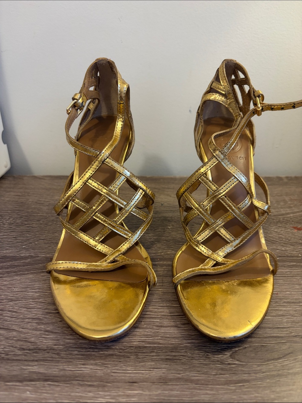 Tory Burch Gold Metallic Strappy Cage Heels